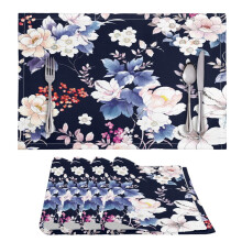 Peony Floral Deep Blue Placemats Set of 4 Heat-Resistant