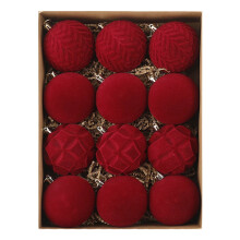 Christmas Ball Ornaments Red Velvet Flocked Plastic 12 Pack