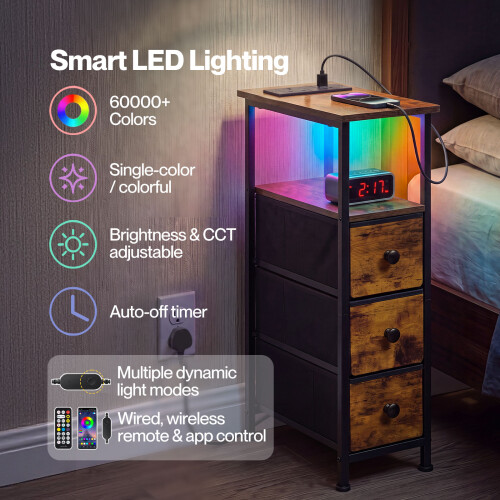 Levede Bedside Table with LED Light Charging 3 Fabric Drawers Storage Brown 2