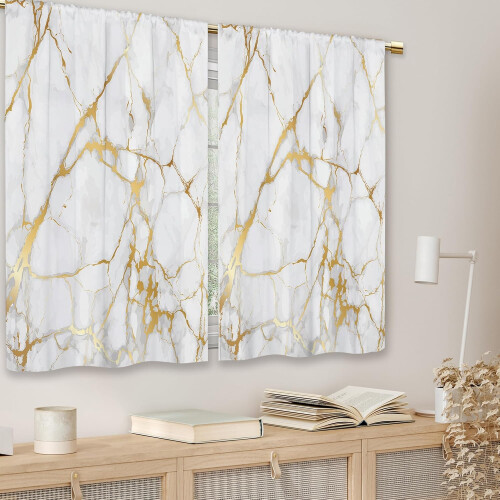 Gold Marble Kitchen Curtains White Modern Texture 2 Panels 2