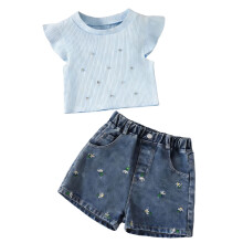 Girls Ribbed Knit Top and Embroidered Denim Shorts Set Blue