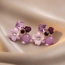 Purple flower stud earrings rhinestone jewelry 1 pair
