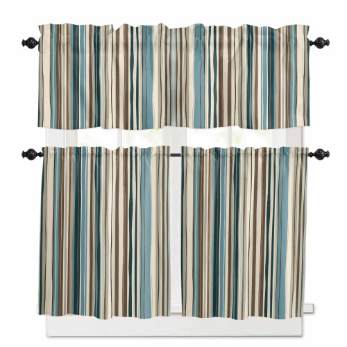 Boho Vertical Stripe Kitchen Curtains Set Green Beige Rod