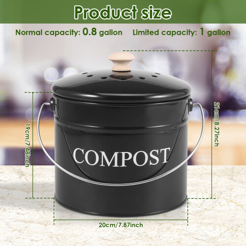 Kitchen Compost Bin Metal Countertop 0.8 Gallon with Lid 1