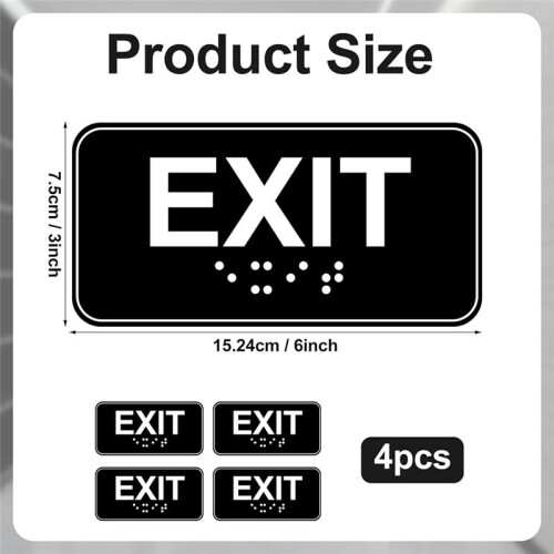 4 Peças de Placa de Saída com Braille, Placa de Saída de Emergência de 6 X 3 Polegadas, Sinalização de Aviso de Saída de Plástico com Tiras de