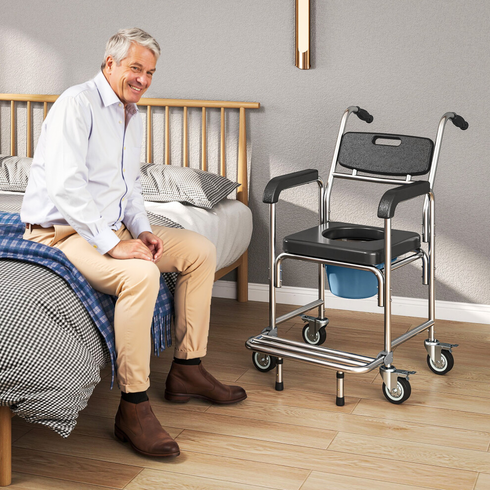 Homcom Transport Beside Shower Chair With Wheels And Padded Seat, Black