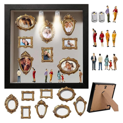 DIY Silhouette Shadow Box Frame Kit,  Gold Photo Display with Figurines, Custom Memory Collage Frame with 2 Lights