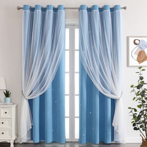 Double-Layer Sheer and Blackout Curtains Blue 132x160cm 2