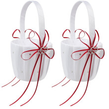 2X Double Coeur de Mariage Fleur Fille Panier Blanc Satin Strass DéCor Rouge CéréMonie de Mariage Partie Favor