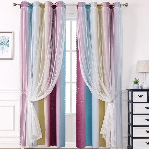 Double-Layer Rainbow Gradient Blackout Curtains Purple Blue