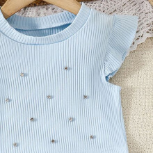 Girls Ribbed Knit Top and Embroidered Denim Shorts Set Blue