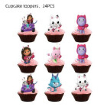 (Cupcake Topper24Pcs) Kids Dollhouse Gabbys Birthday Party Supplies Decor Balloons Flag Topper Cake