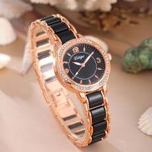 (Black) Ladies Stylish Round Quartz Wristwatch With Alloy Band And Elegant Decor Fashion Daily For