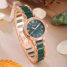 (Green) Ladies Stylish Round Quartz Wristwatch With Alloy Band And Elegant Decor Fashion Daily For