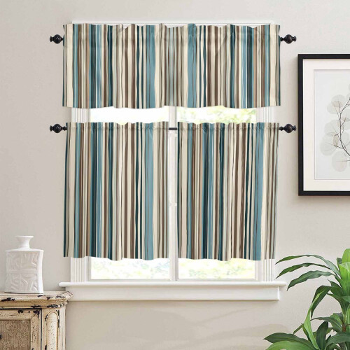 Boho Vertical Stripe Kitchen Curtains Set Green Beige Rod 1
