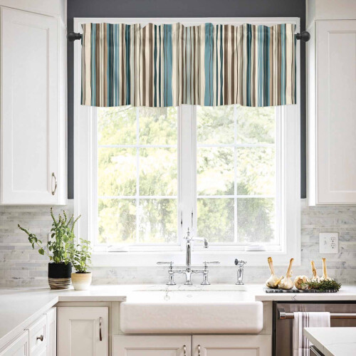 Boho Vertical Stripe Kitchen Curtains Set Green Beige Rod 2
