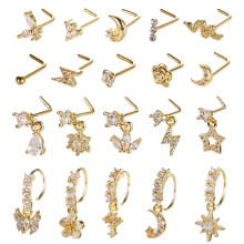 20G L-Shaped Dangle Nose Ring Studs - 20 pcs, Gold
