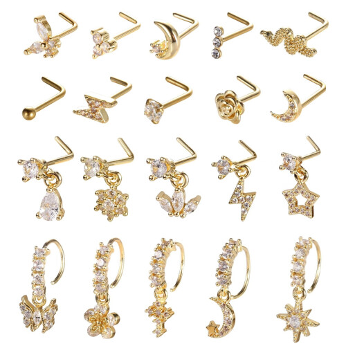 20G L-Shaped Dangle Nose Ring Studs - 20 pcs, Gold
