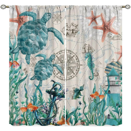 Seahorse Curtains Ocean Animal Pattern Blackout 2 Panels