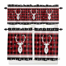 Christmas Elk Head Kitchen Curtains Set Red Black Plaid