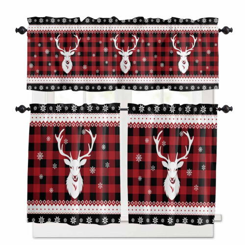 Christmas Elk Head Kitchen Curtains Set Red Black Plaid