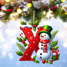 Red Initial Christmas Ornament Acrylic Snowman with Green