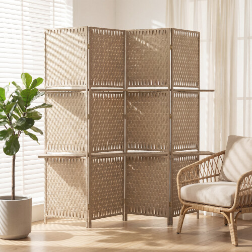 Homcom HOMCOM 4 Panel Folding Room Divider, Privacy Screen with Shelves, Natural