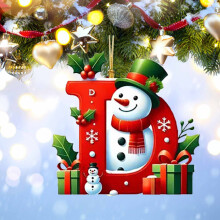 Red Initial Christmas Ornament Acrylic Snowman with Green