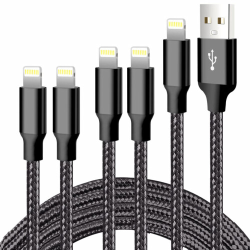 Compatible with iPhone chargers, 5-pack, 3/3/6/6/10 ft, USB Lightning data cables, nylon braided fast charging cables