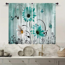 Teal Aqua Daisy Floral Kitchen Curtain 27.5x39 in 2-Panel
