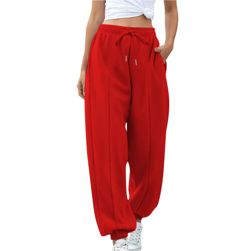 Women's Red High-Waisted Jogger Pants Polyester Elastic 1