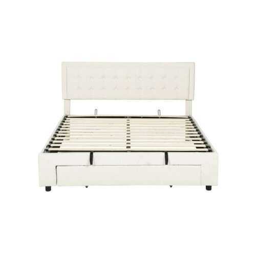 HOMCOM King Size Ottoman Bed Frame, with Front Drawer - Cream