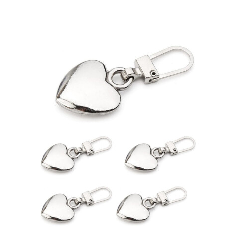 Heart-Shaped Zipper Pulls Silver 5 Pcs