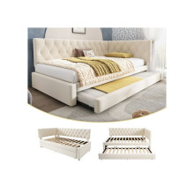Upholstered bed with pull-out trundle, 3-foot single sofa bed (90x190 cm), storage bench bed, beige (mattress not included)
