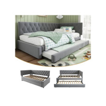 Upholstered bed with pull-out trundle, 3-foot single sofa bed (90x190 cm), bed with storage bench, gray (mattress not included)