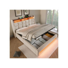 Upholstered Double Bed with LED Lighting, USB Type-C Charging, and Storage Headboard (180x200 cm) Linen Beige (Mattress Not Included)