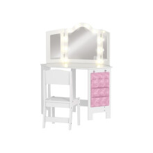 Kids Dressing Table and Stool Set, Girls Vanity Table with 2-Colour LED Lights, Tri-Folding Mirror, White