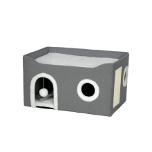 Cat Bed for Indoor Pets, Foldable Cat House with Fluffy Ball and Scratch Pad for Small and Medium Pets, Grey