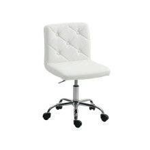 PU leather armless office chair, modern dressing table computer swivel chair, with castors and adjustable height, white