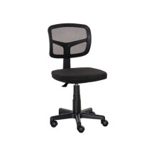 Armless office chair with curved backrest and castors, height-adjustable, supporting up to 120 kilograms.