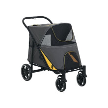 Pet Stroller with Universal Front Wheels, Shock Absorber, One Click Foldable Dog Cat Carriage with Brakes, Storage Bags, Mesh Window