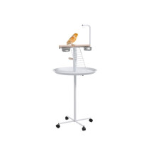 Bird Stand with Four Wheels, Perches, Stainless Steel Feed Bowls, Round Tray, for Garden, Indoor, Outdoor - White