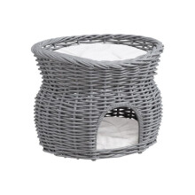 2-Tier Wicker Cat House Elevated Pet Bed Basket Willow Kitten Tower Pet Den with Washable Cushions 56x37x40cm Grey