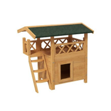 Cat House Outdoor with Balcony Stairs Roof, 77 x 50 x 73 cm, Natural Wood Finish