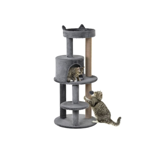 104 cm Cat Tree, Cat Condo Tree Tower, Cat Activity Centre with Scratching Posts, Plush Perch, Hanging Ball - Grey