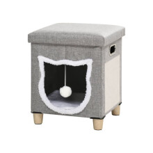 Cat House Cave, Cat Bed Cube with Scratching Pad, Soft Detachable & Washable Cushion, Toy Ball, for Indoor Kittens, Grey