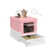 Hooded Cat Litter Box, Portable Pet Toilet, with Scoop, Front Entry - Pink
