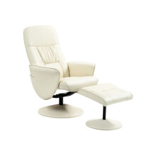 Swivel Recliner Chair with Footstool, PU Leather Armchair and Ottoman with High Back and Round Base for Living Room, Cream White