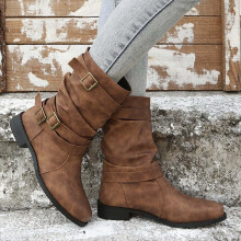 Willtoo Women's Leather Mid-Calf Boots Wide Calf Round Toe