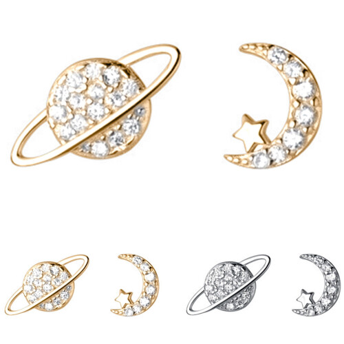 Sterling Silver CZ Moon Star Stud Earrings for Women One 1